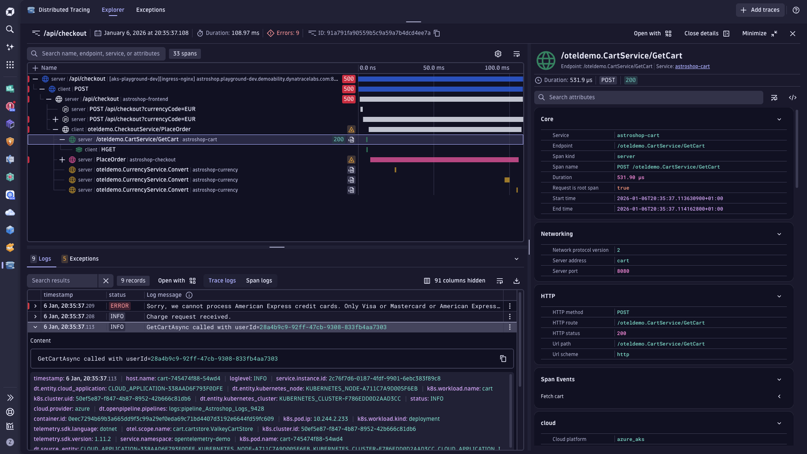 Dive into the details of a trace and explore related logs