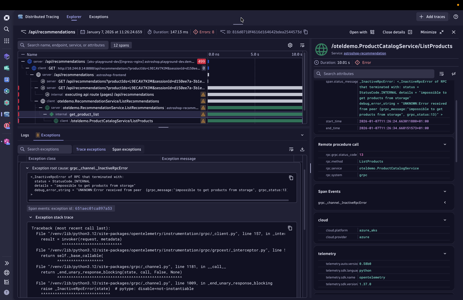 Easily track all exceptions within a span with clear relationships and exception chains showing root cause
