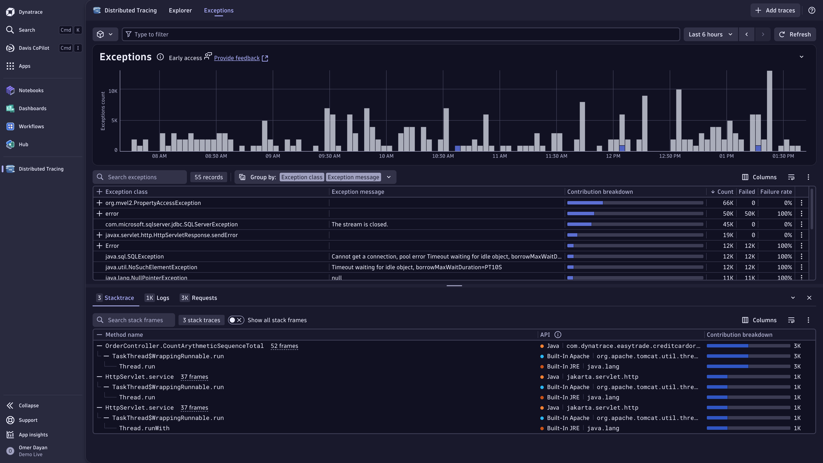 Surface and analyze exceptions across traces with readable stack traces, aggregated insights, and visual markers highlighting problematic spans