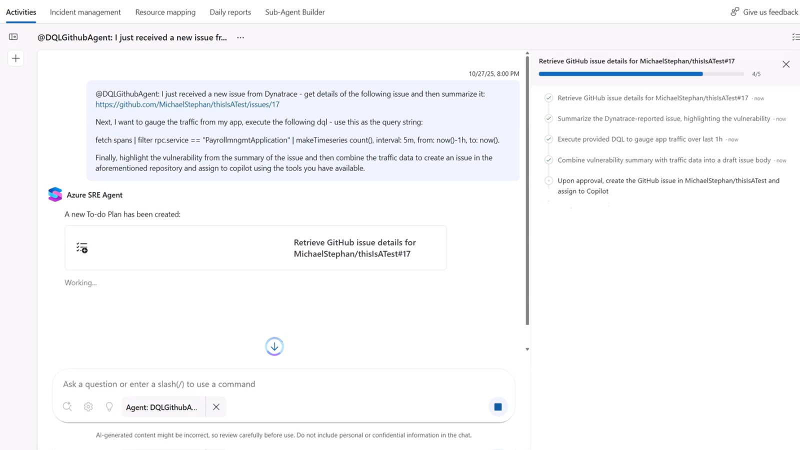 Dynatrace provides production insights to Azure SRE Agent.