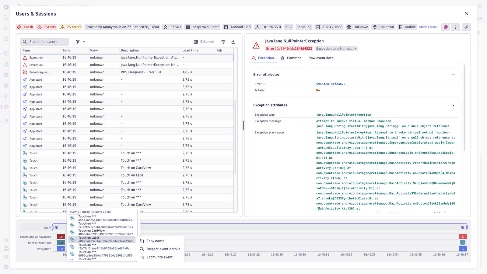 Session details to identify events and interactions leading up to an error or poor experience in general