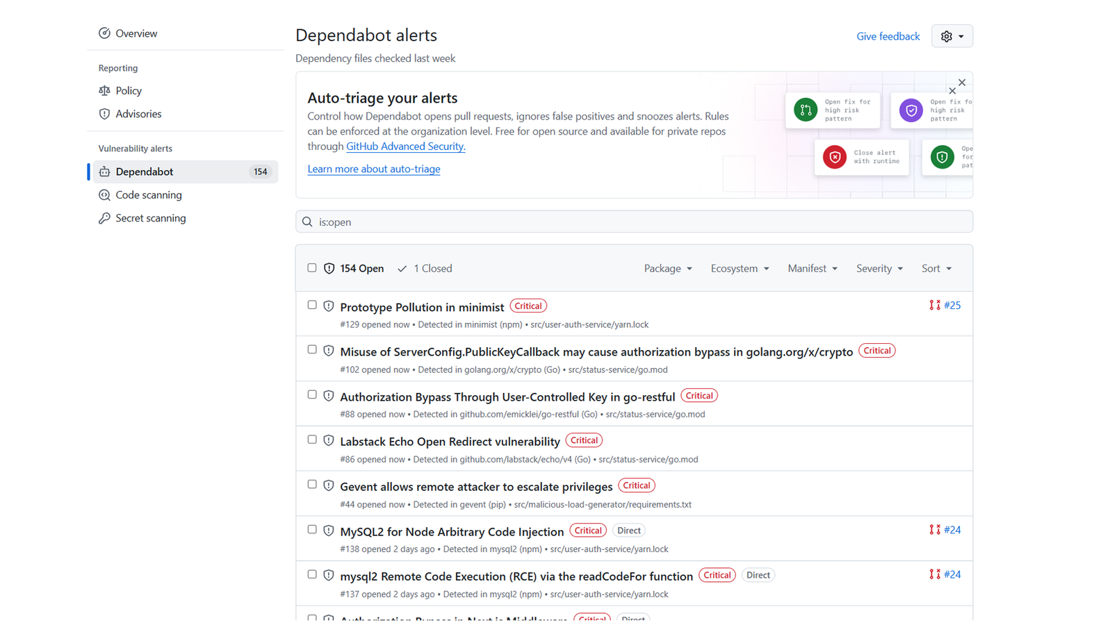 GitHub Dependabot alerts page (before Dynatrace impact-based prioritization)