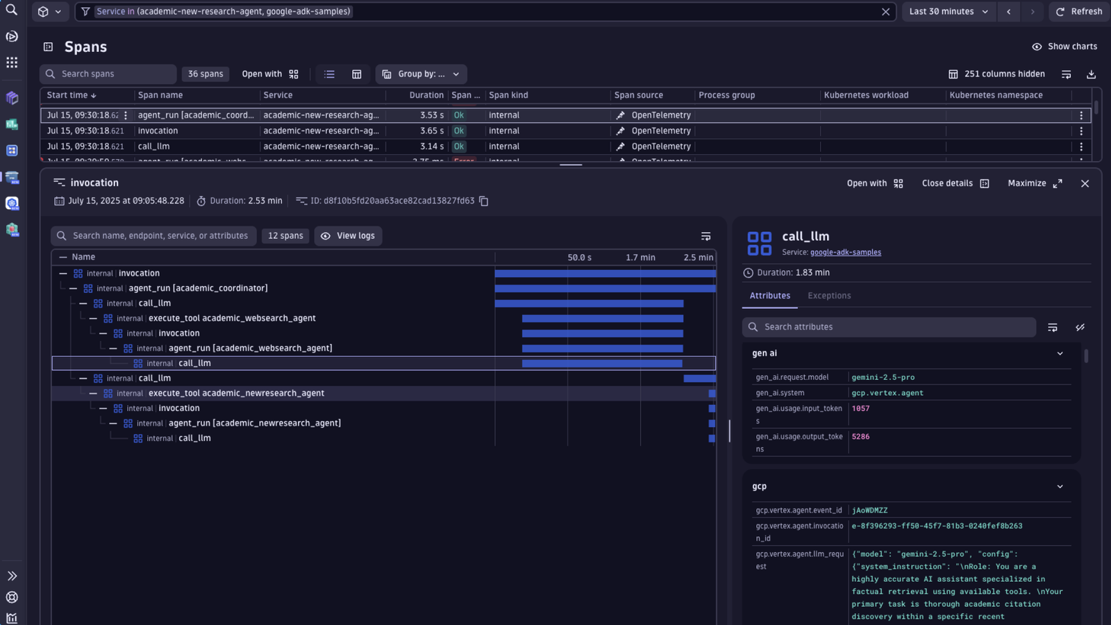 Distributed tracing with Google ADK prompt and tool calling