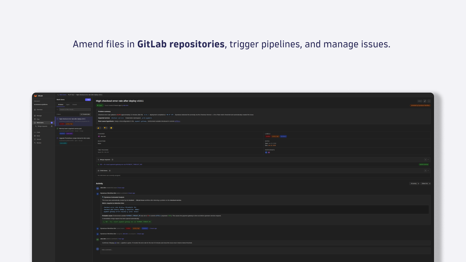 Amend files in GitLab repositories, trigger pipelines, and manage issues.