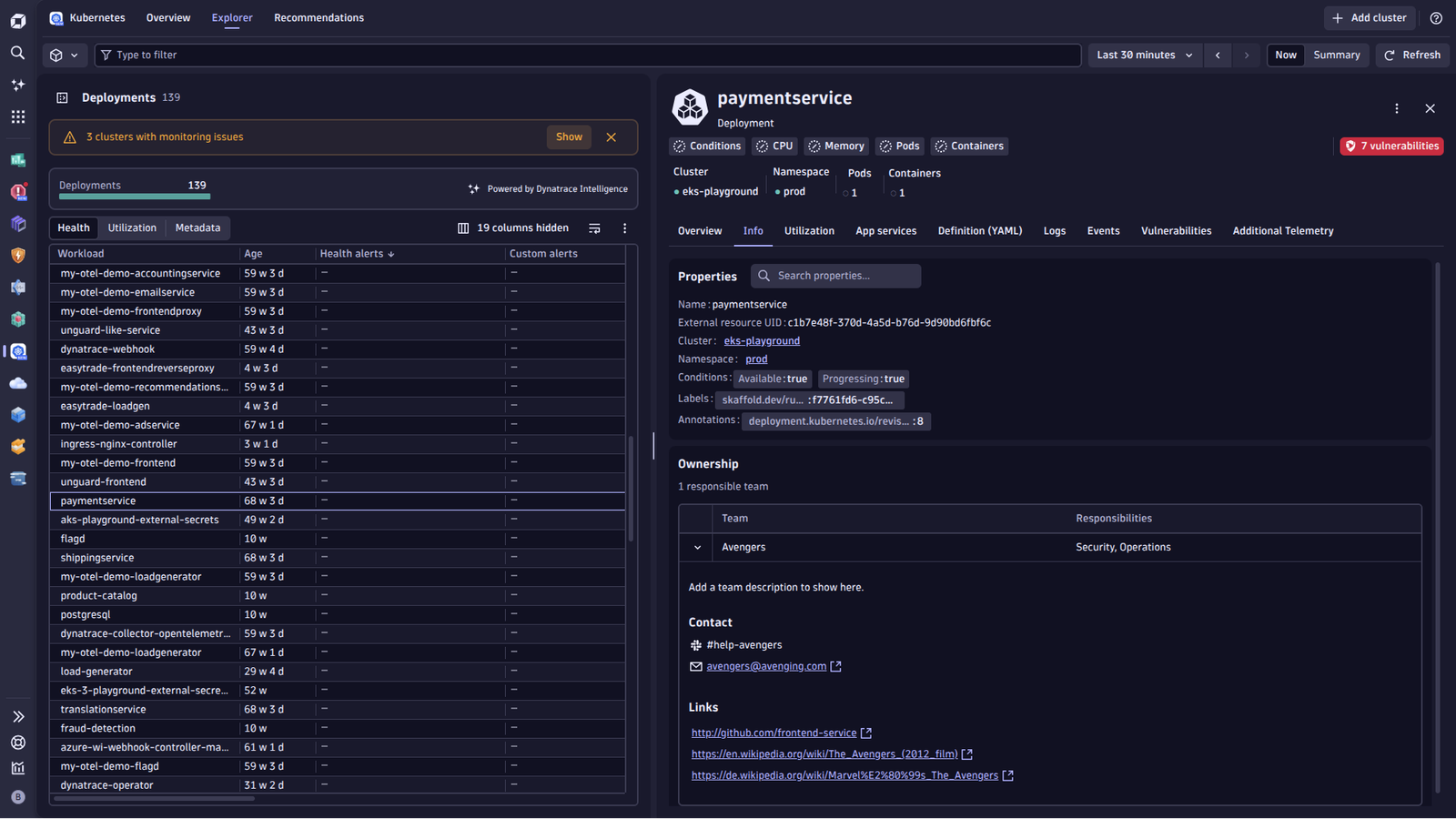 Web-UI view example: Associated Ownership Teams with a selected entity