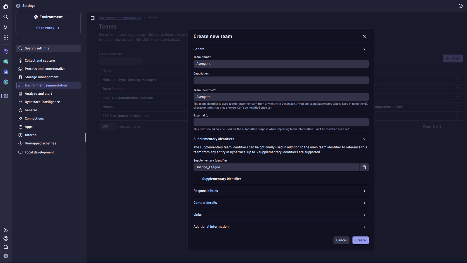 Ownership teams UI in Settings: list teams and create, edit, or delete teams and their attributes.