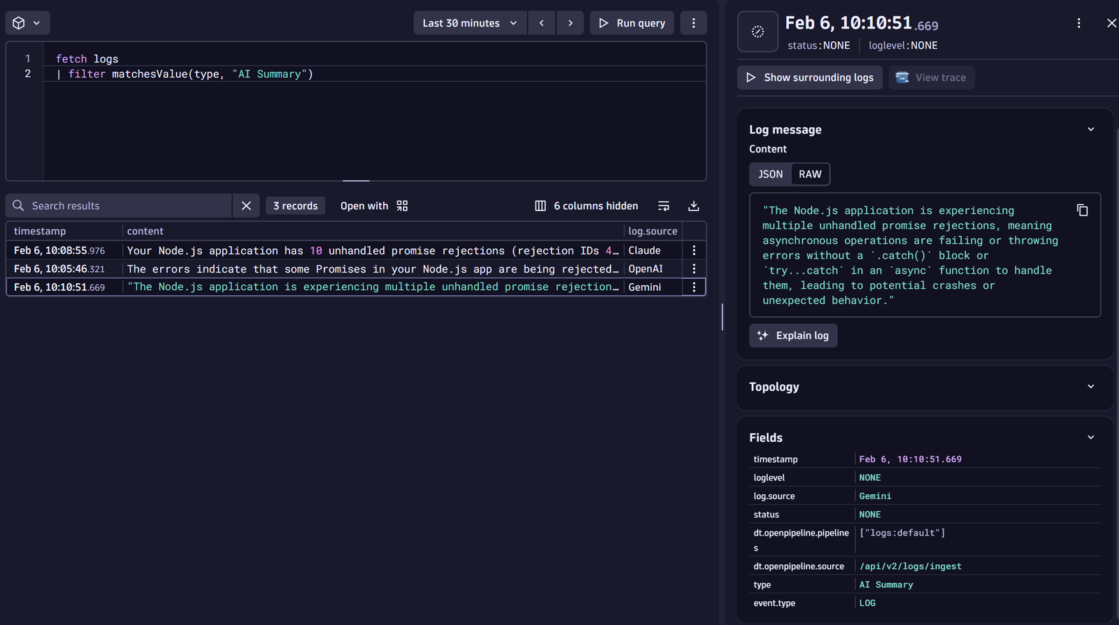Illustrative example querying for log data and asking Gemini for further error analysis.