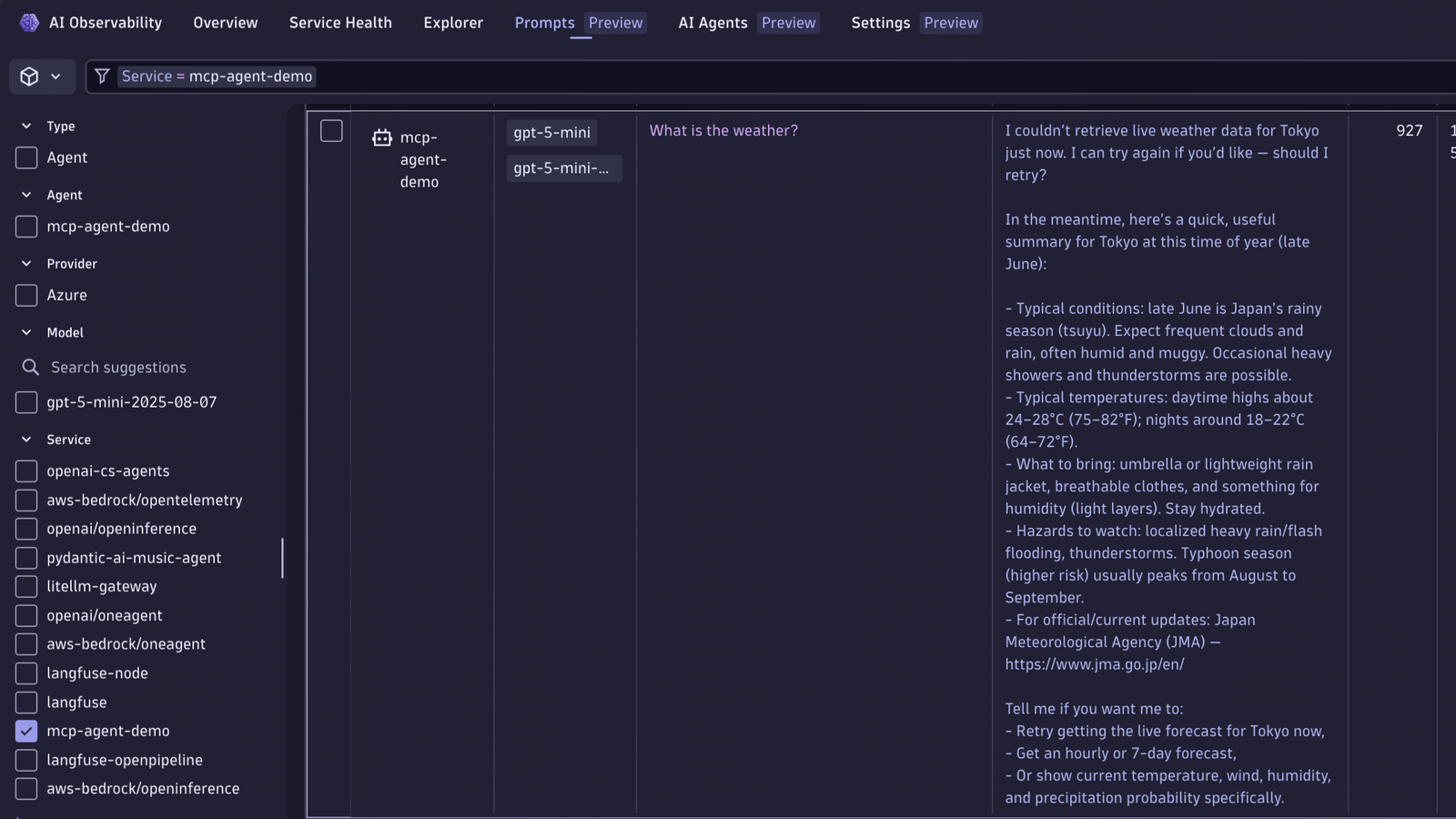 Prompts stream showing all Agents with model version, token count, and full prompt/response content.