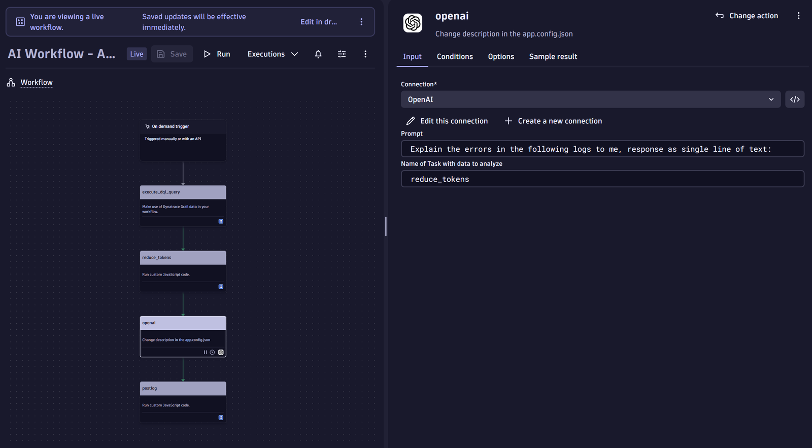 Dynatrace workflow with OpenAI action.
