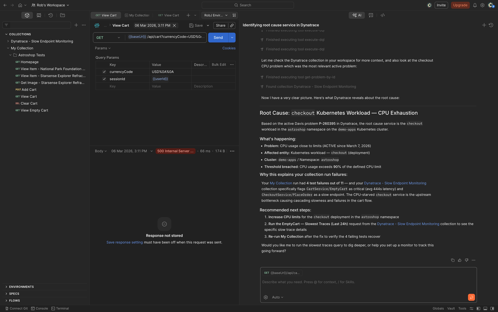 Holistic overview on an application monitored by Dynatrace in Postman
