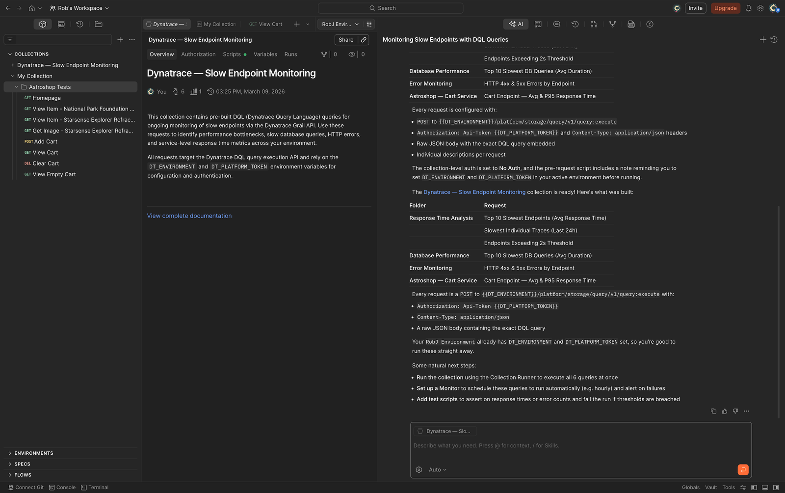 Configuring scheduled monitoring to automatically receive insights from Dynatrace to Postman