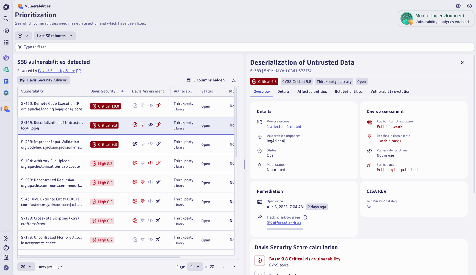 The details view shows meaningful insights into the impact of the vulnerability: risk, exposure, affected processes, reachable assets, and more.