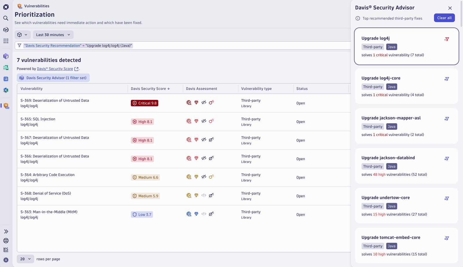 Davis Security Advisor recommends fixes consisting of library updates in the monitored technologies, helping your team prioritize the most critical vulnerabilities in your environment.