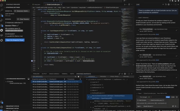 Dynatrace identifies the problem root cause as an arithmetic exception, all via LLM and the MCP protocol in the developer VS Code IDE. (video)