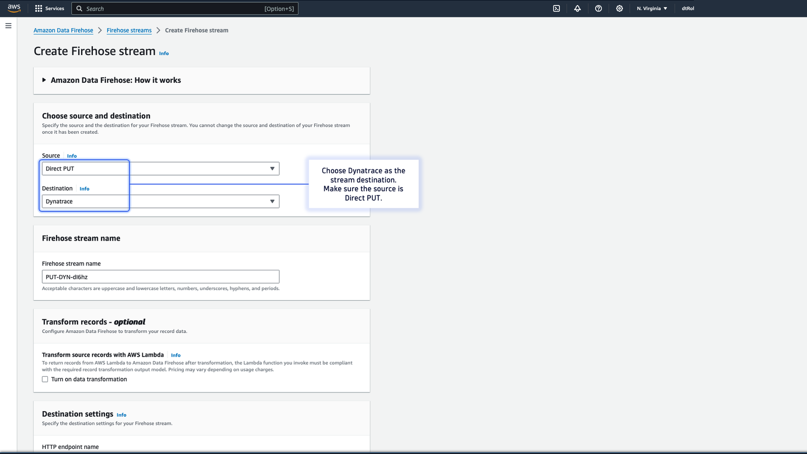Figure 1: Create Firehose stream - Select source and destination