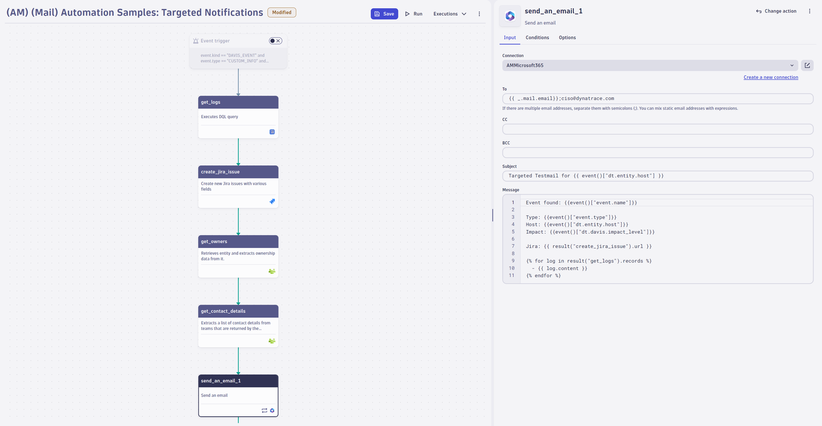 Use Microsoft 365 to send emails to targeted users based on ownership information and enrich the message with further details like event data, ticket number, or logs.