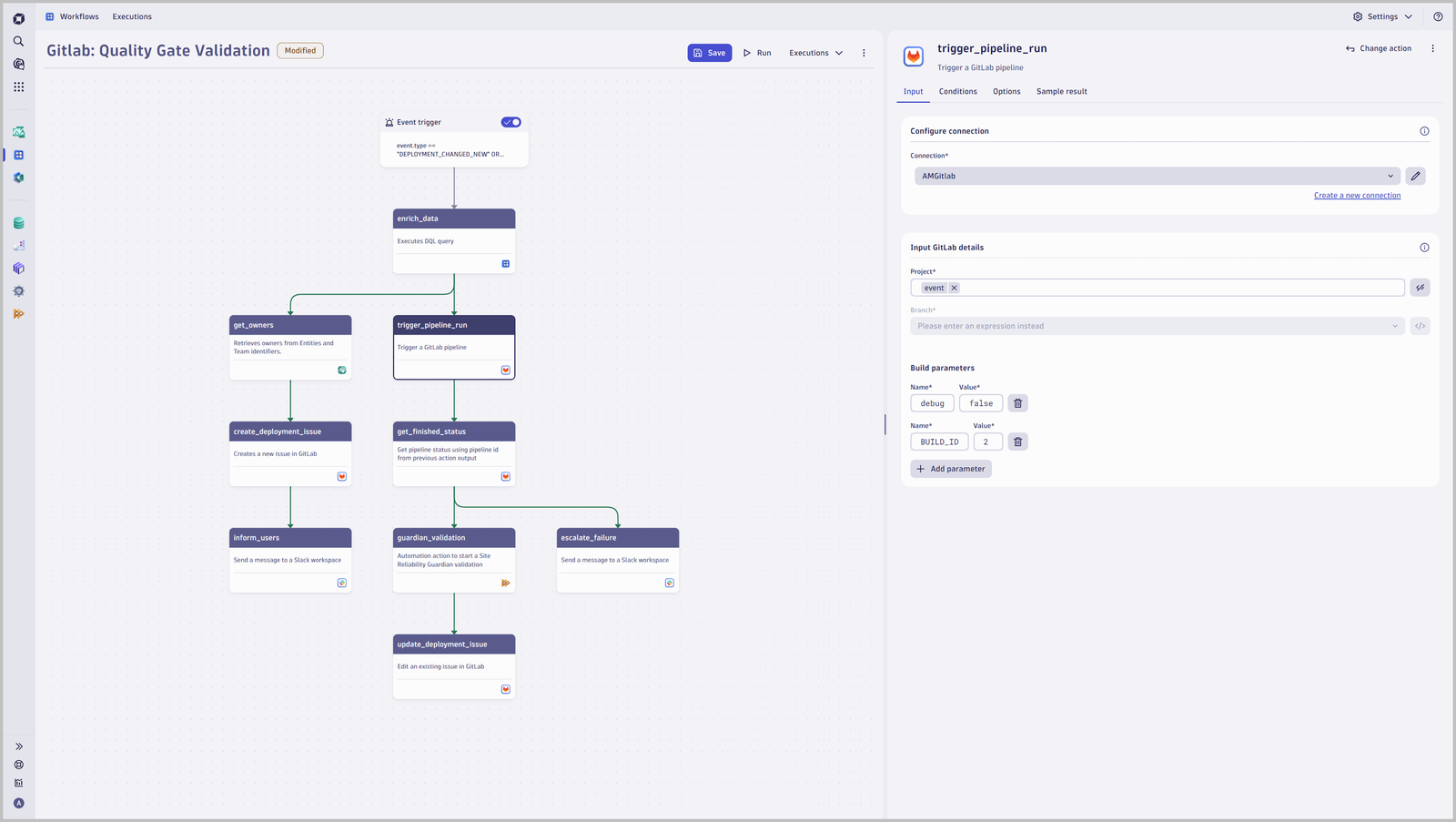 - Trigger GitLab pipelines runs by defining project, branch, and build parameters
- Create or update issues
- Check pipeline status