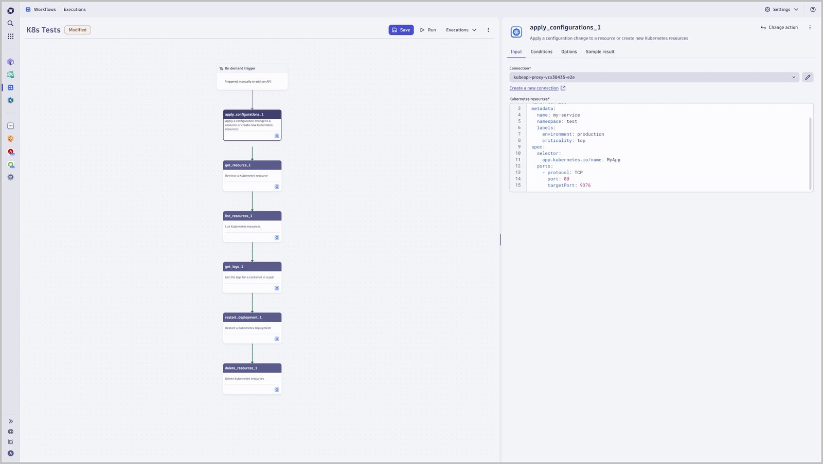 Resolve anomalies with Kubernetes workflow actions such as "delete pods in a failed state". Apply configs, get logs, restart deployments.