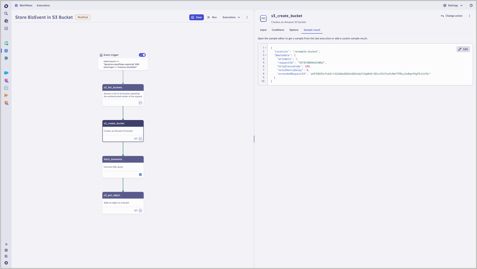 Example workflow to store Dynatrace BizEvents in S3 buckets.