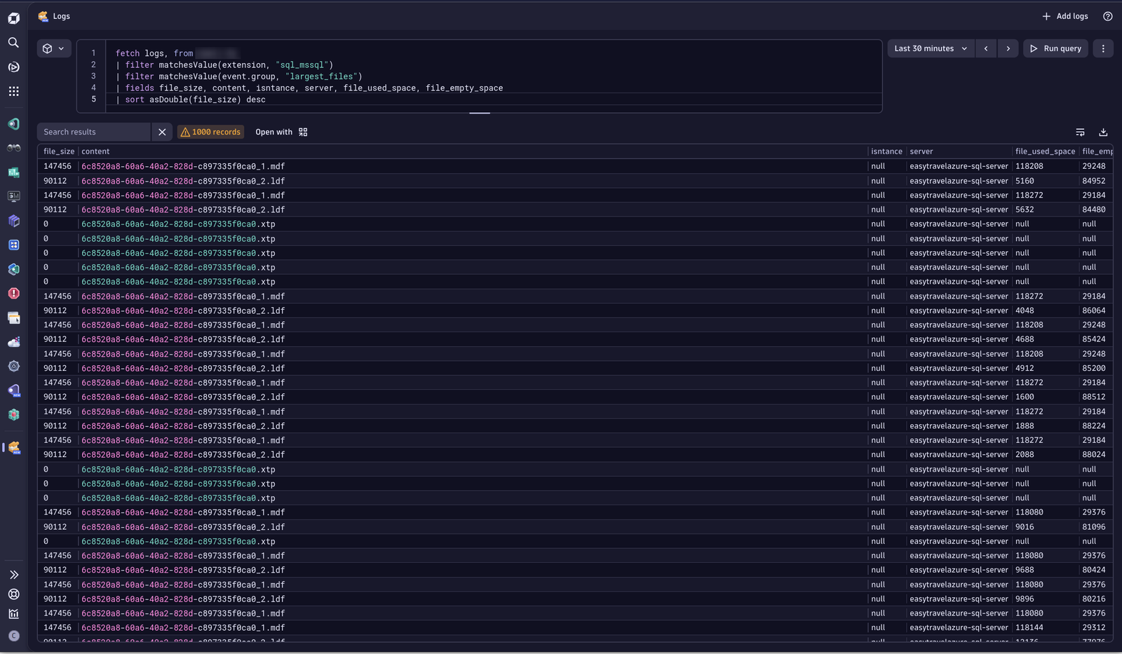 See the largest files in your SQL Server Environment via logs ingested by the extension.