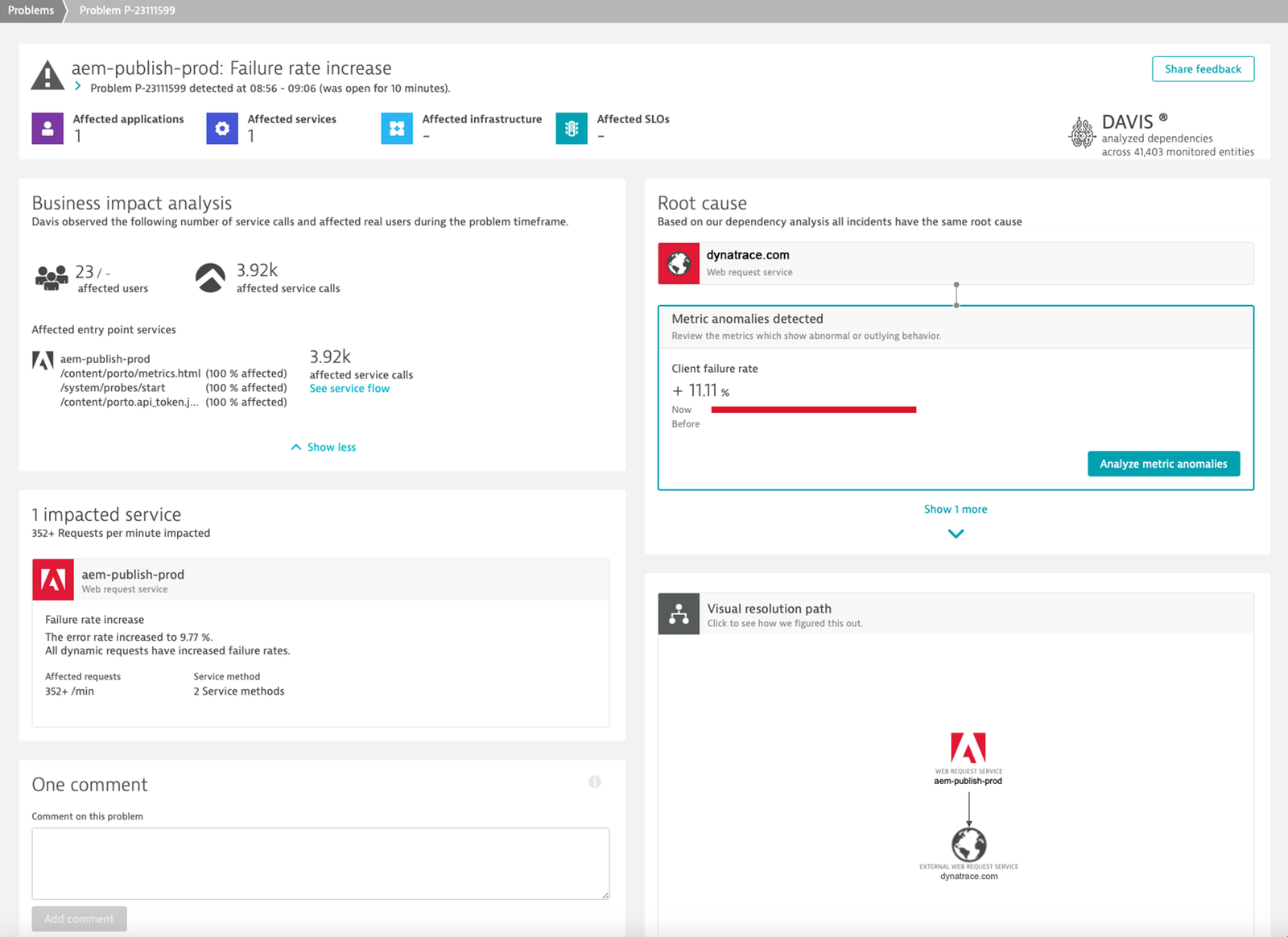 Assess the business impact of AEM service anomalies with Dynatrace Intelligence