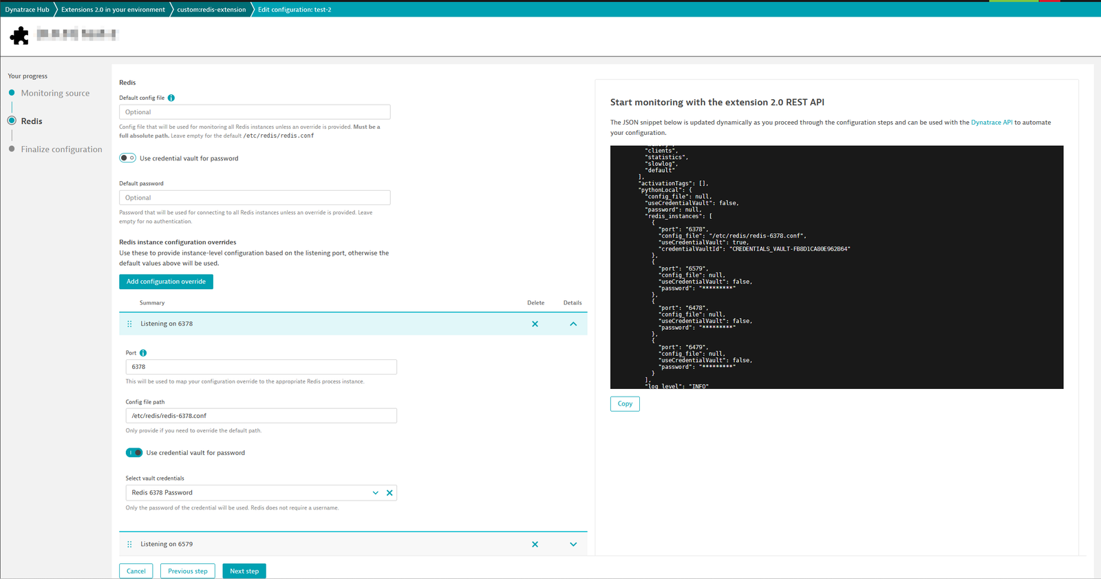 An example configuration showing several overrides including usage of the credential vault and a custom configuration file path.