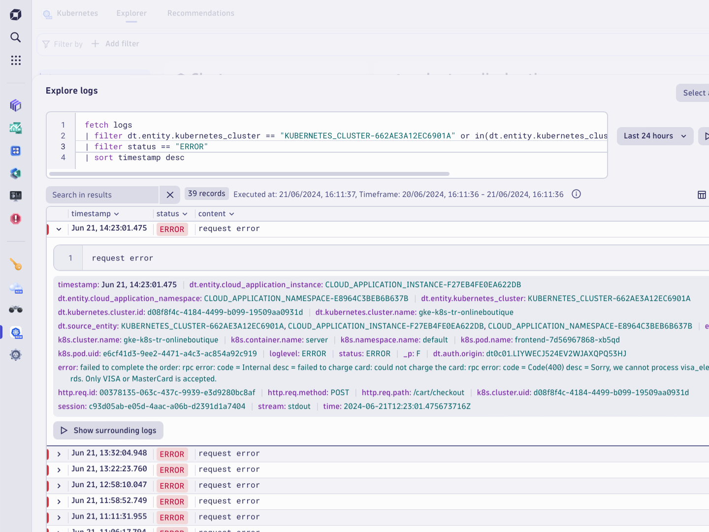 Kubernetes error logs with full context preserved out of the box are available for analysis in Kubernetes Application.