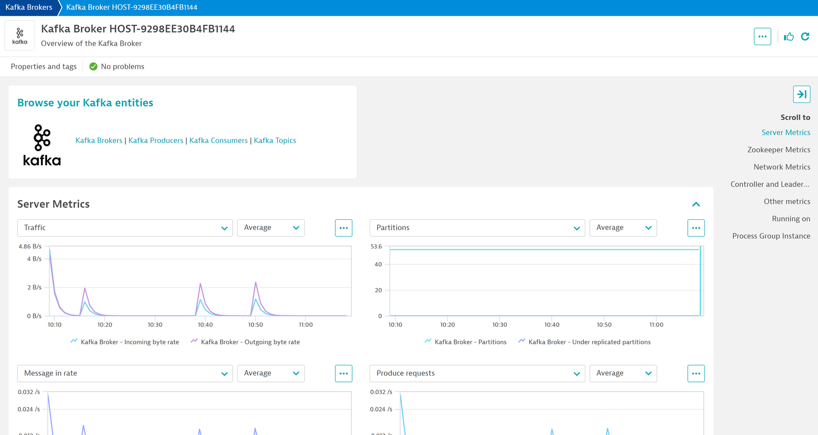 Dedicated screen for your Kafka broker with all its metrics, along with a navigation card for the rest of your Kafka environment.