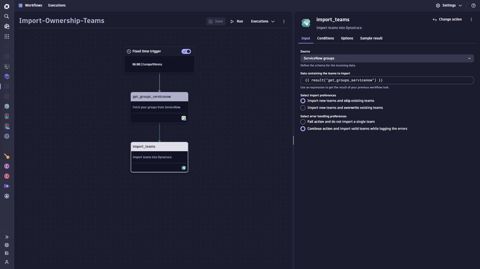 import_teams imports and auto-syncs ownership team data in JSON schema and accepts info from ServiceNow and Entra ID.