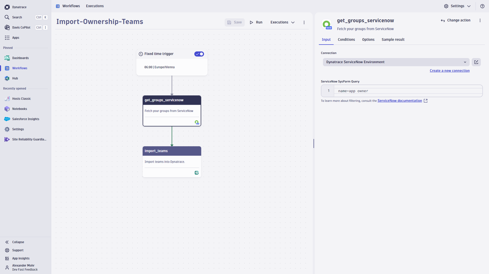 - Automatically import selected (filtered) groups from ServiceNow into Dynatrace, on-demand or regularly.