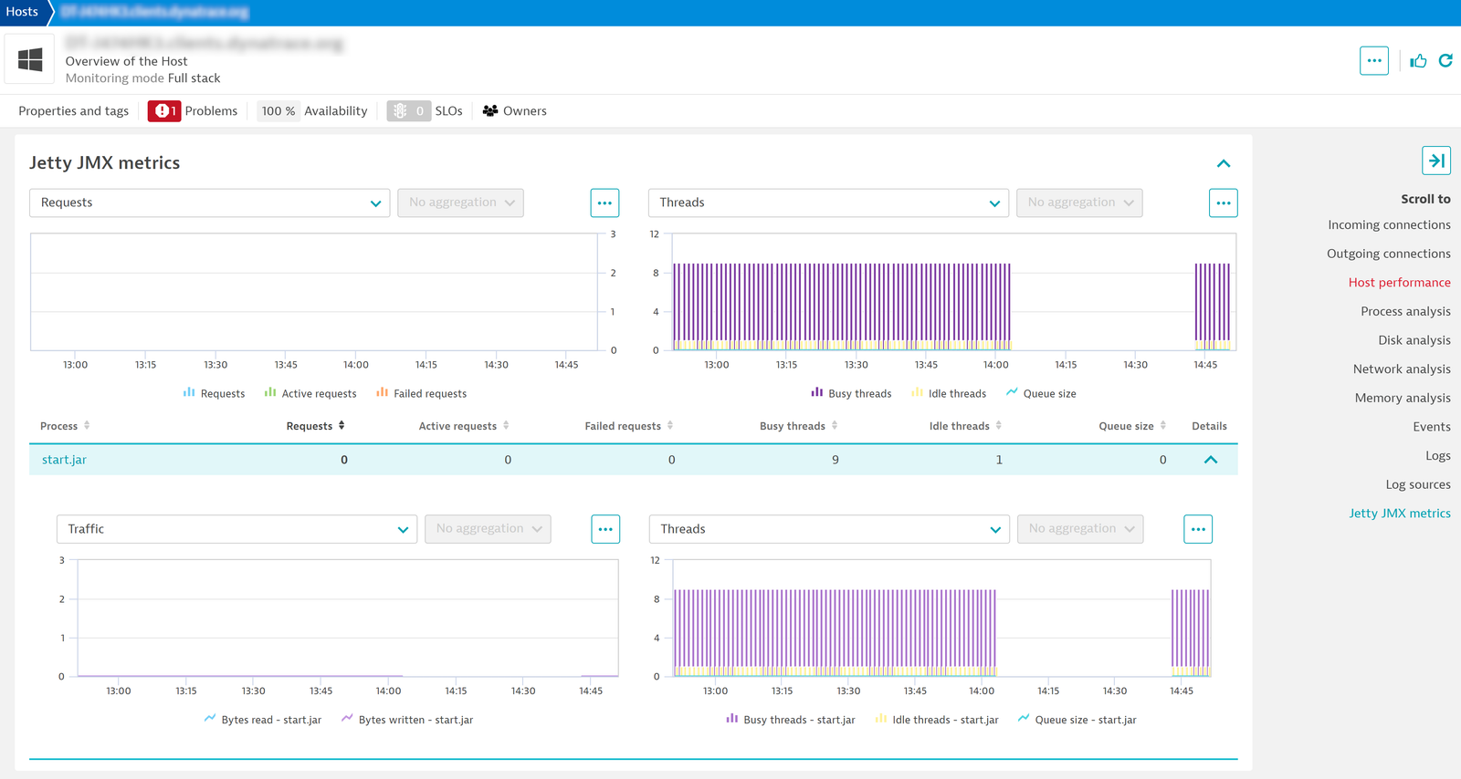 Get an overview of your jetty monitored environment through the metric tables injected into the host screen to view a summary of all your Jetty processes both aggregated and individually.