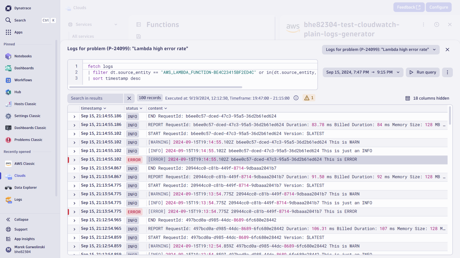 Figure 4: Lambda error spike - Problem root cause analysis with logs