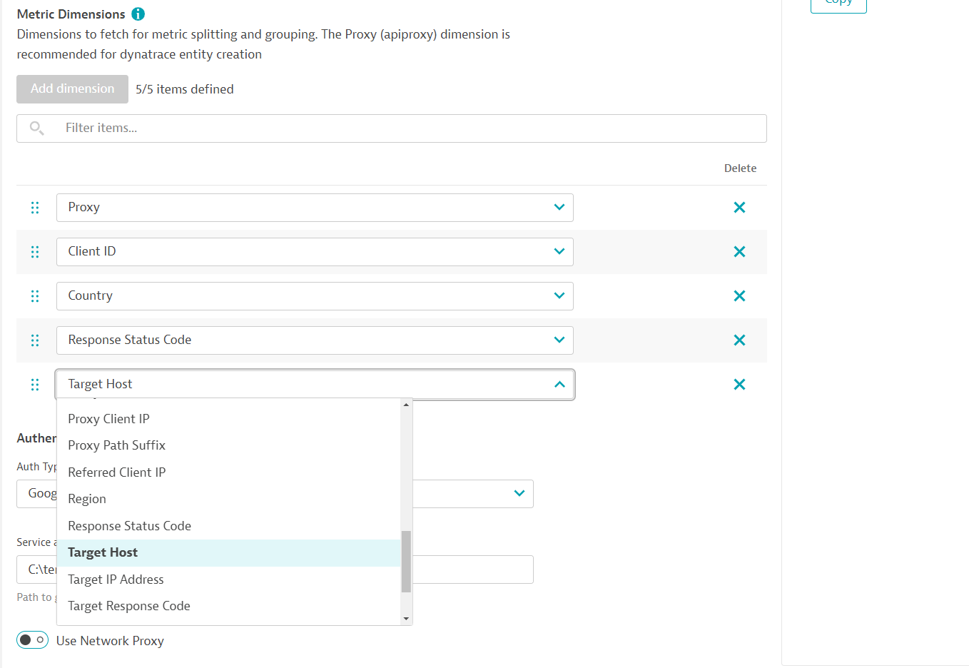 Apigee dimension selection