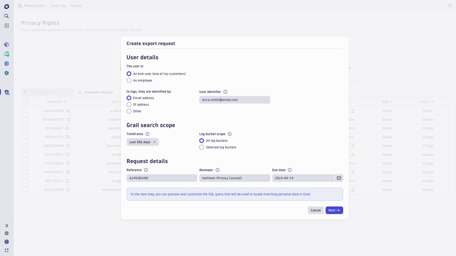 Create export request in Dynatrace screenshot