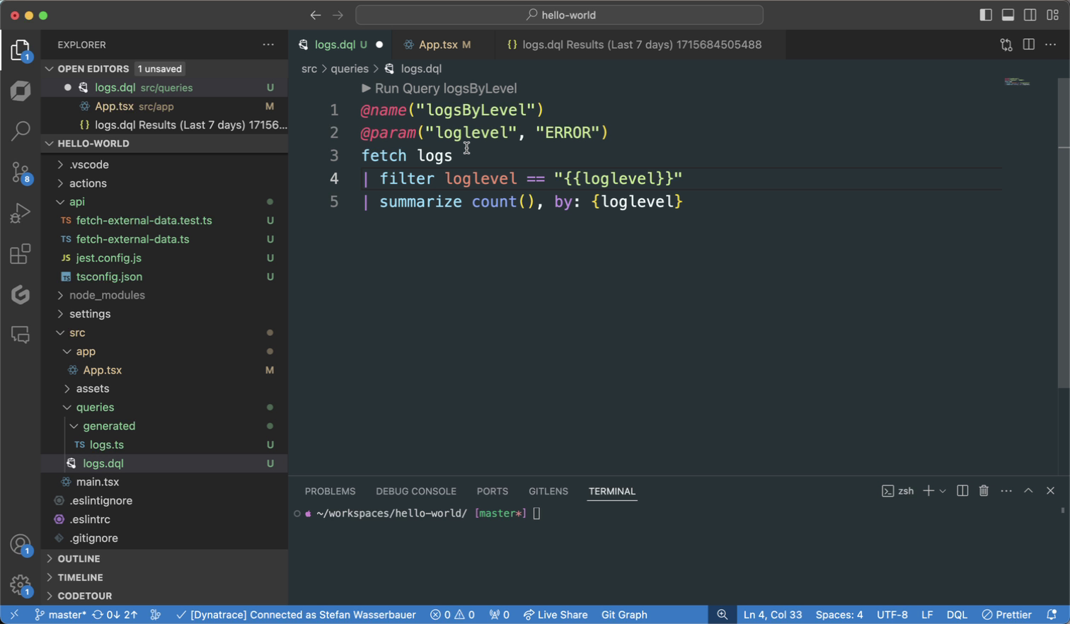 DQL query in function screenshot in Dynatrace