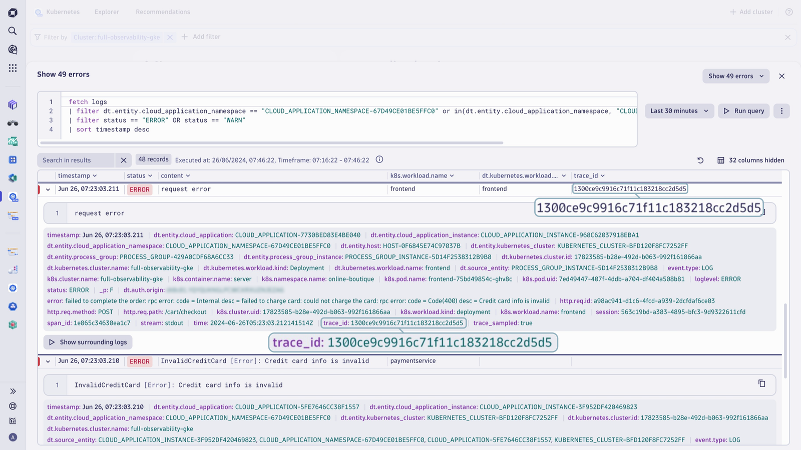 FluentBit log events in Dynatrace screenshot