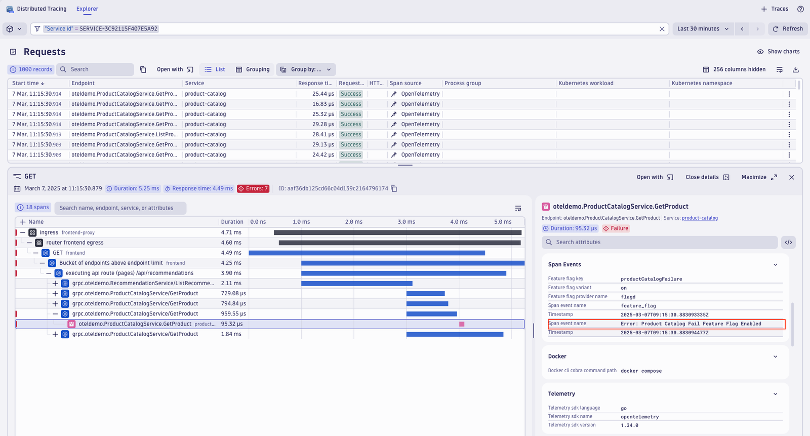 Dynatrace Distributed Tracing app screen showing the root causes of a failed GetProduct request from the OpenTelemetry demo app