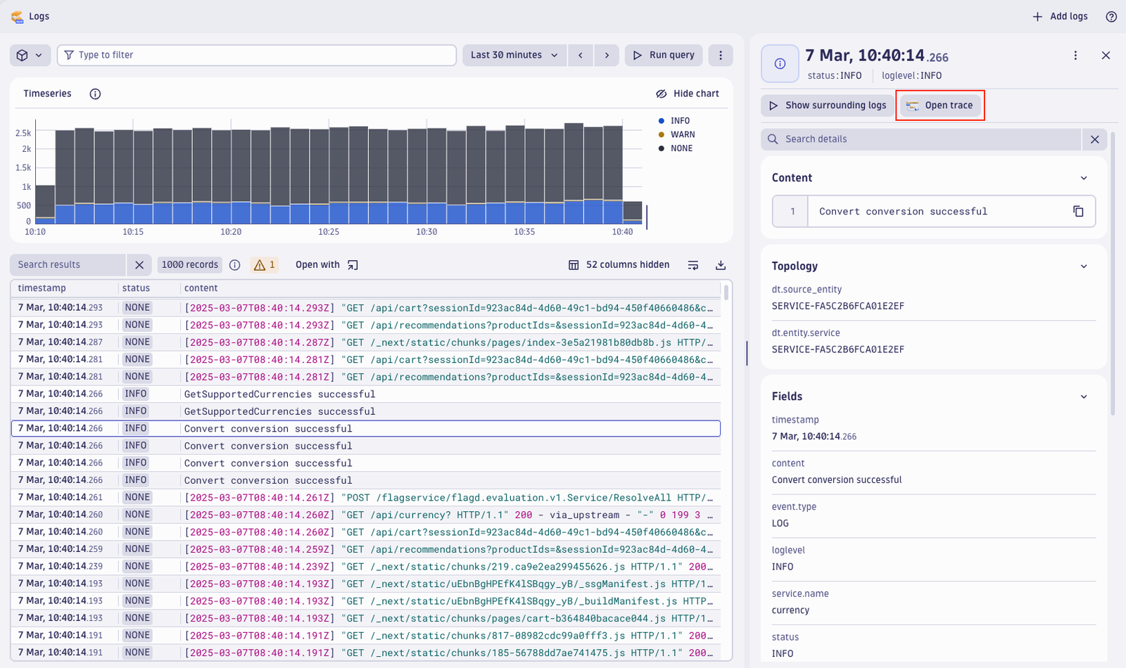Bar chart of the log-trace correlation in an active span from the Astronomy Shop demo app in Dynatrace