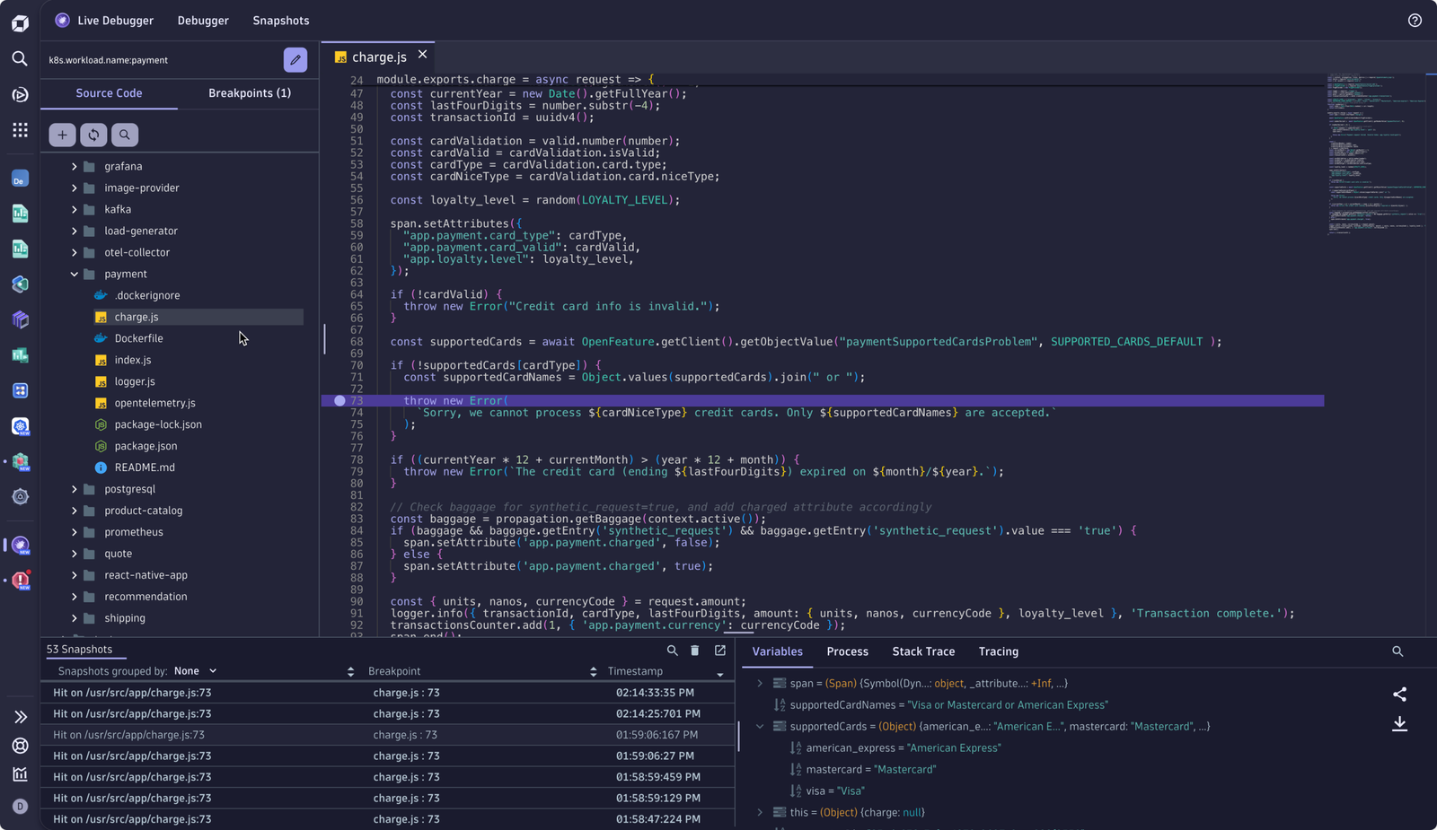 Figure 6. Start debugging at the exact line where the error occurs with live production data in Live Debugger.