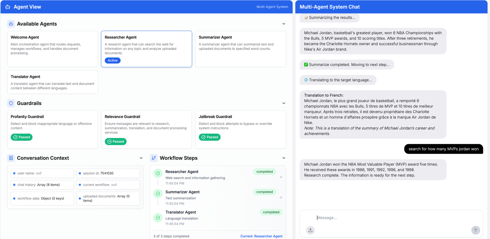 Additional user input triggering translator, researcher, and response in the sample agentic AI application