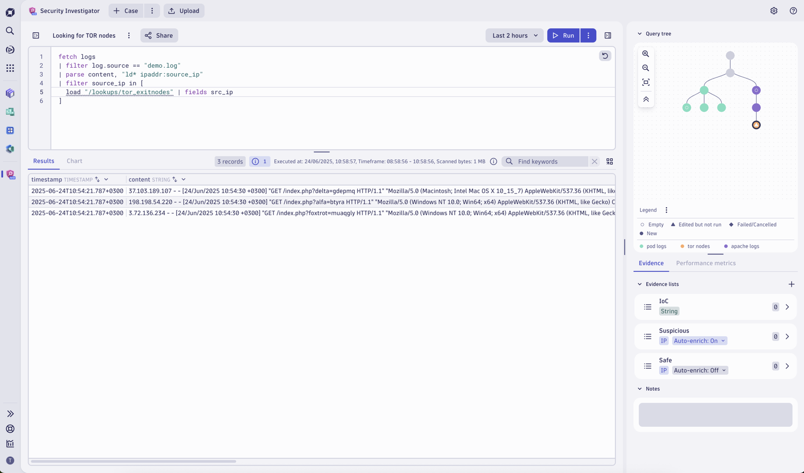 Lookup data in Security Investigator: Use a DQL query to filter log entries and cross-reference IP addresses against a lookup table containing known malicious IP addresses.