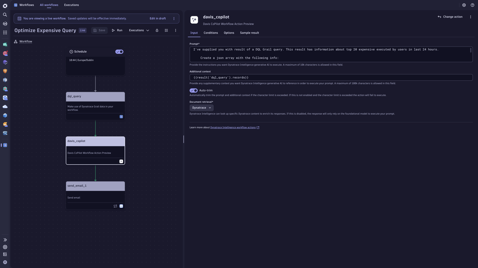 Smart workflow leveraging Davis CoPilot to recommend query optimizations tailored to your tenant