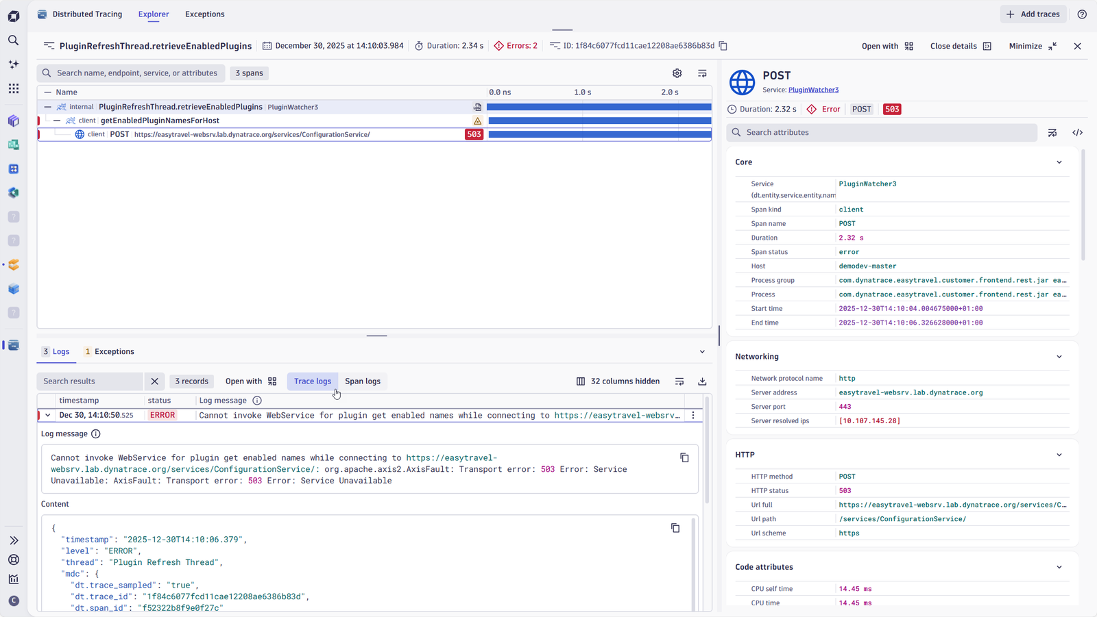 The Dynatrace Distributed Tracing app automatically links logs with traces or spans.
