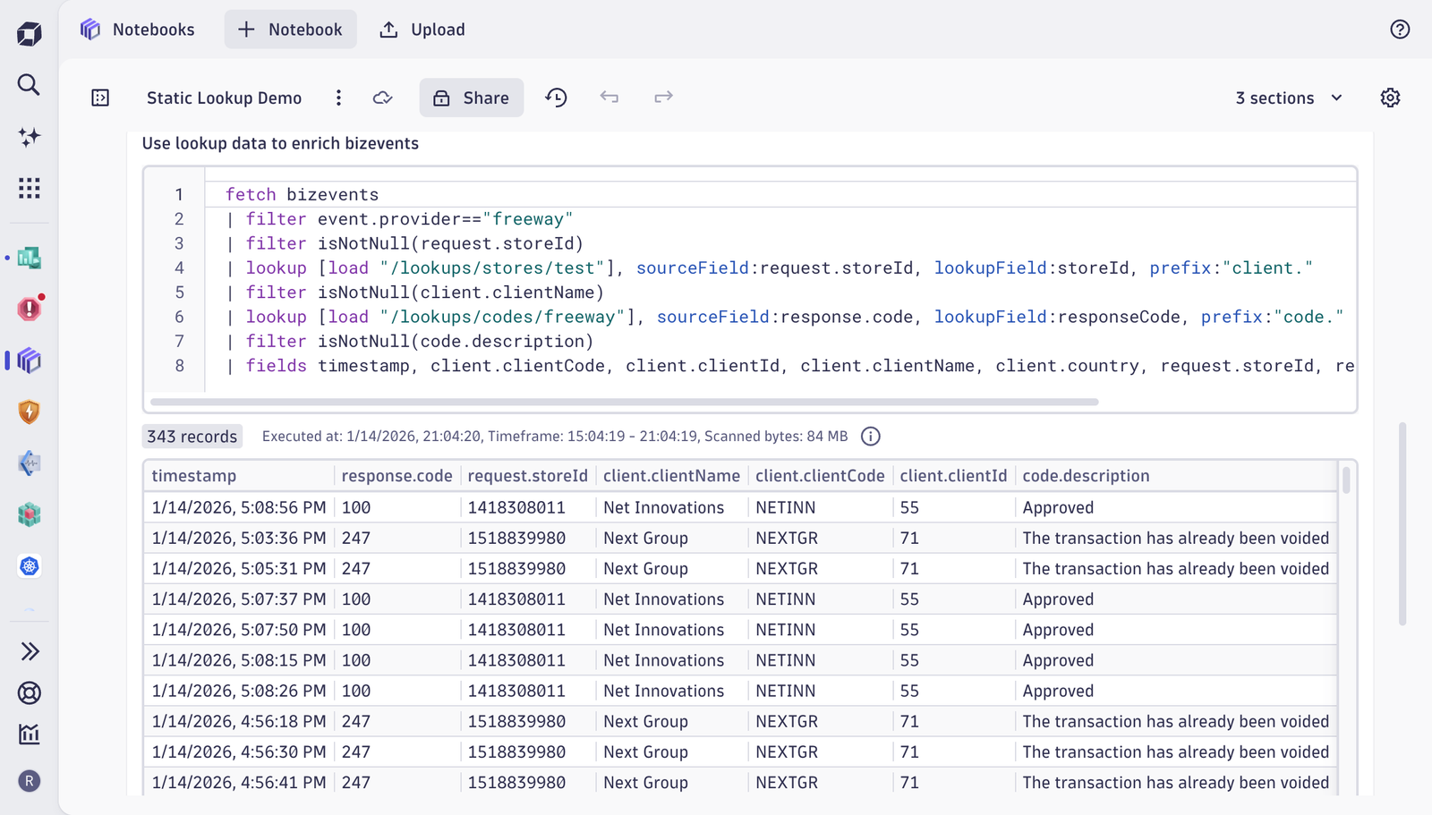 Using lookup tables in DQL to enrich business events with customer and response context at query time.