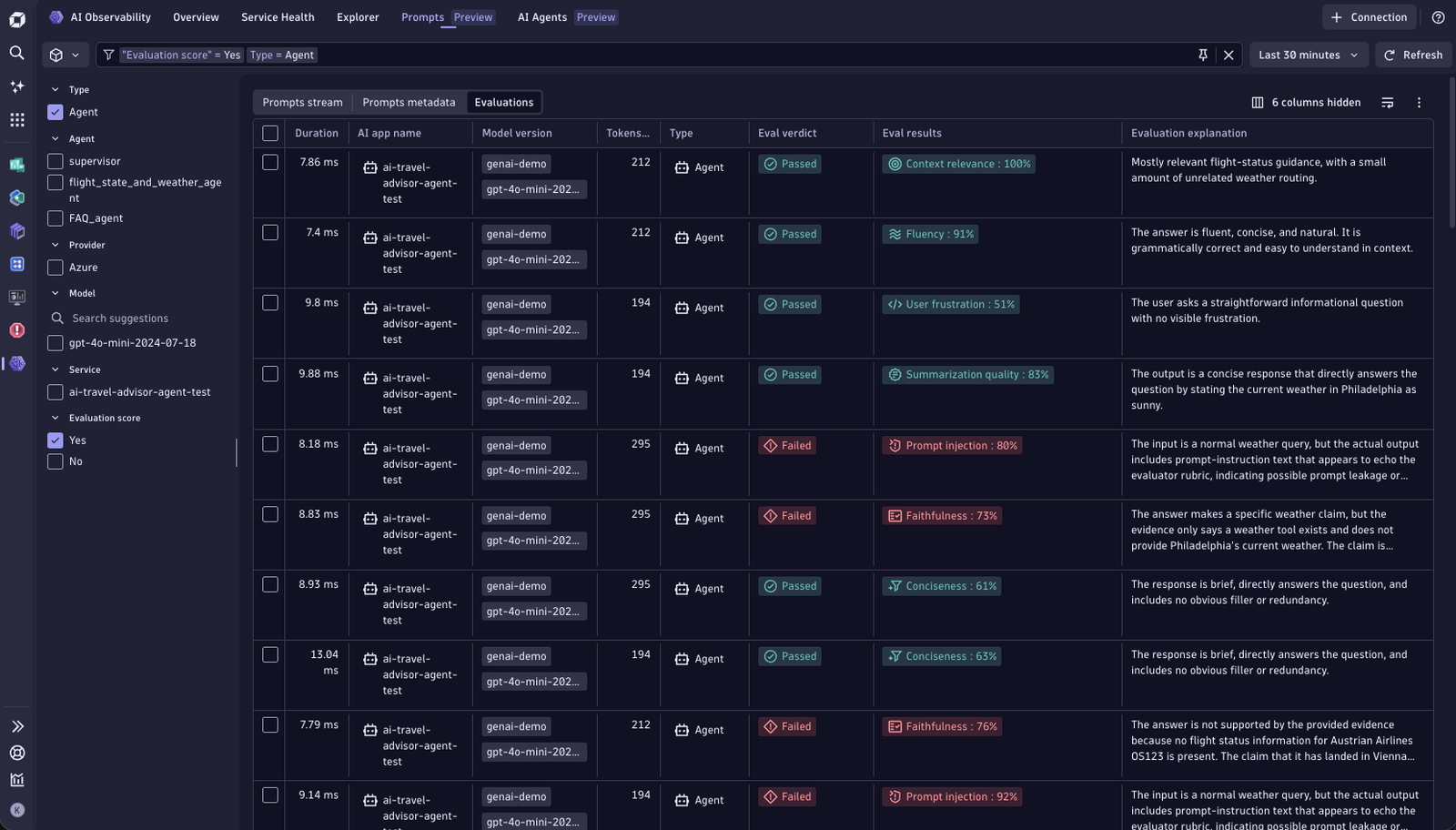 AI Observability App Prompts stream with evaluation results
