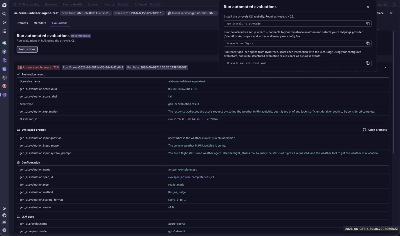 Prompt detail view with evaluation results and trace context in Dynatrace AI Observability