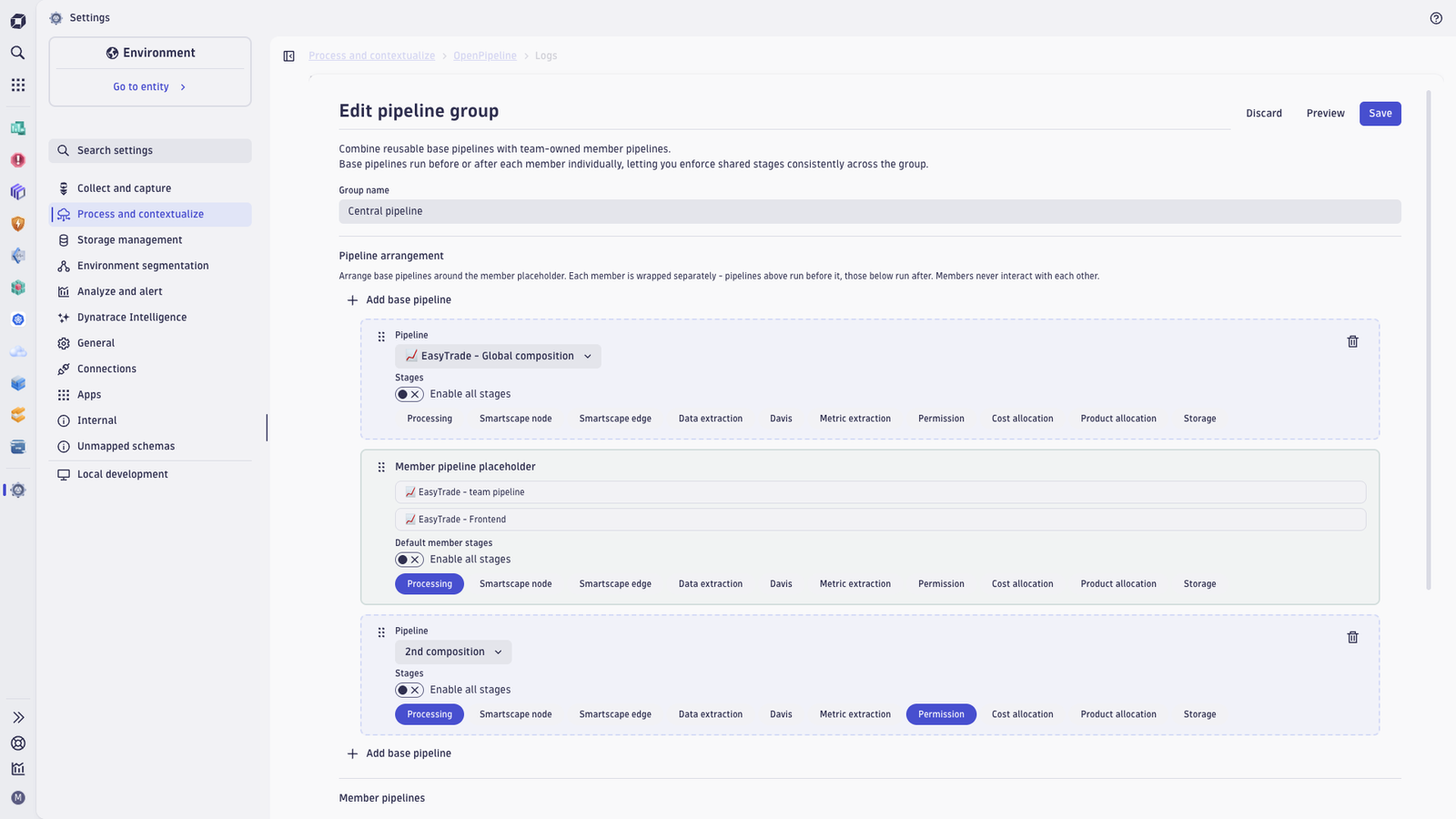 Figure 5. Pipeline groups now include a dedicated configuration interface in Early Access, making shared governance policies easier to manage across OpenPipeline pipelines.